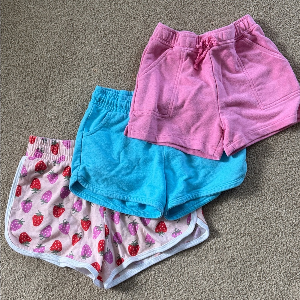 Set of Three Girls' Shorts - Pink, Blue, Strawberry Print
